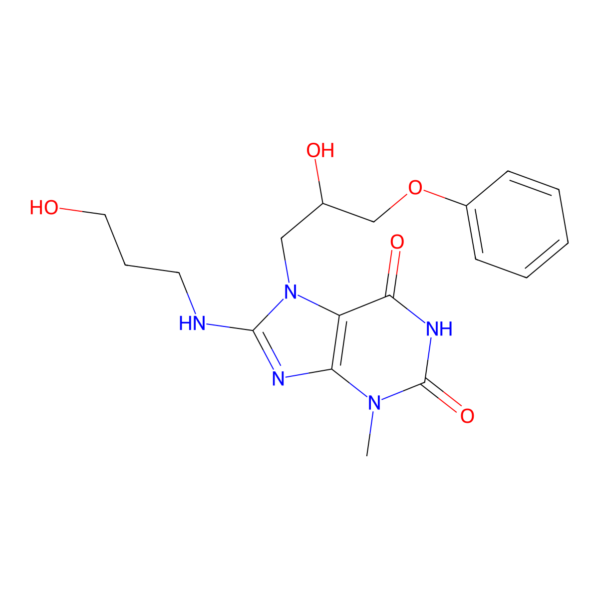 7-(2-hydroxy-3-phenoxypropyl)-8-((3-hydroxypropyl)amino)-3-methyl-1H-purine-2,6(3H,7H)-dione molecular structure, CAS 300586-22-5