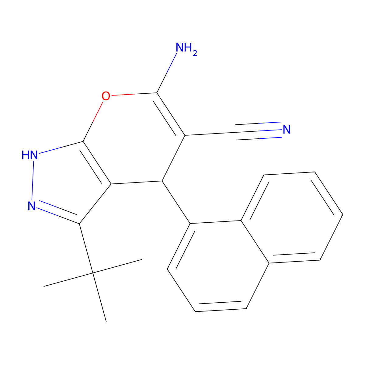 6-Amino-3-tert-butyl-4-(1-naphthyl)-1,4-dihydropyrano[2,3-c]pyrazole-5-carbonitrile molecular structure, CAS 300587-30-8