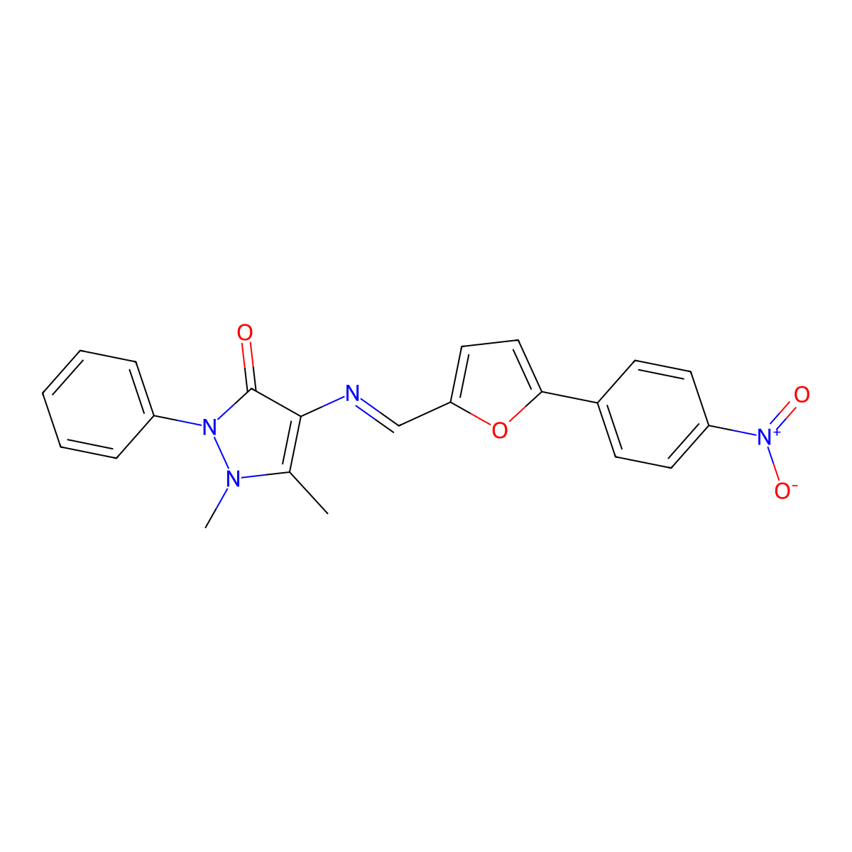 4-{[(5-{4-nitrophenyl}-2-furyl)methylene]amino}-1,5-dimethyl-2-phenyl-1,2-dihydro-3H-pyrazol-3-one molecular structure, CAS 300587-60-4