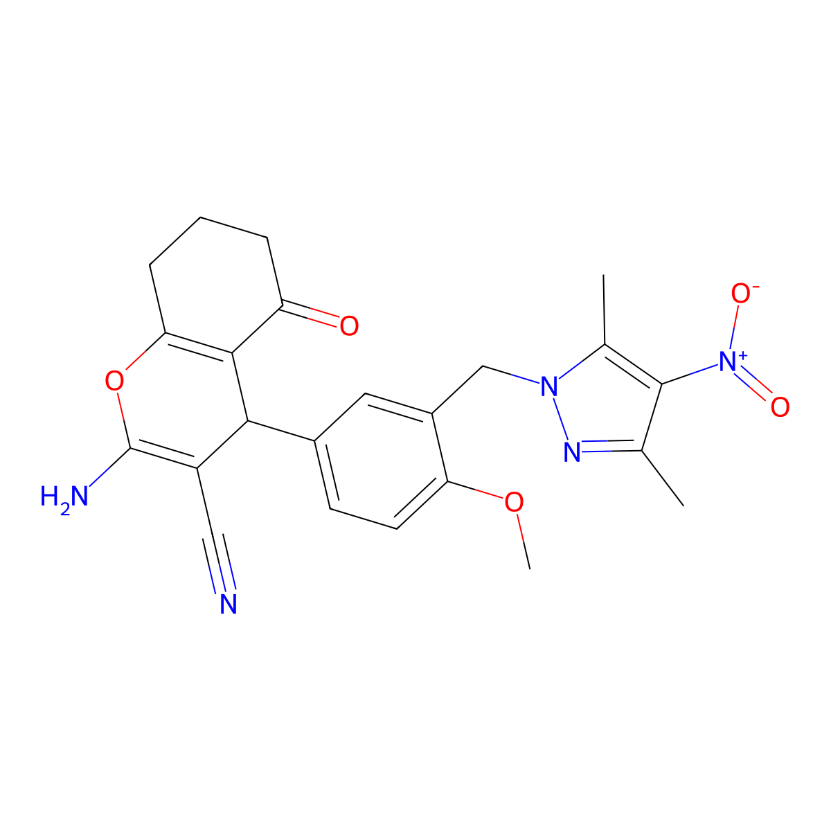 2-amino-4-{3-[(3,5-dimethyl-4-nitro-1H-pyrazol-1-yl)methyl]-4-methoxyphenyl}-5-oxo-5,6,7,8-tetrahydro-4H-chromene-3-carbonitrile molecular structure, CAS 300587-68-2