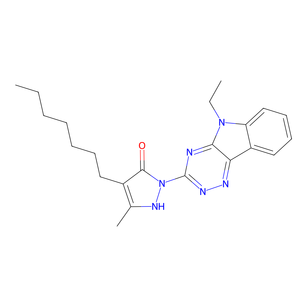 1-(5-ethyl-5H-[1,2,4]triazino[5,6-b]indol-3-yl)-4-heptyl-3-methyl-1H-pyrazol-5-ol molecular structure, CAS 300588-14-1