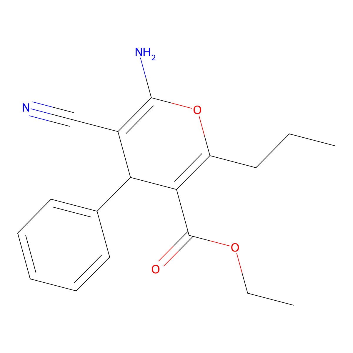 ethyl 6-amino-5-cyano-4-phenyl-2-propyl-4H-pyran-3-carboxylate molecular structure, CAS 300588-44-7