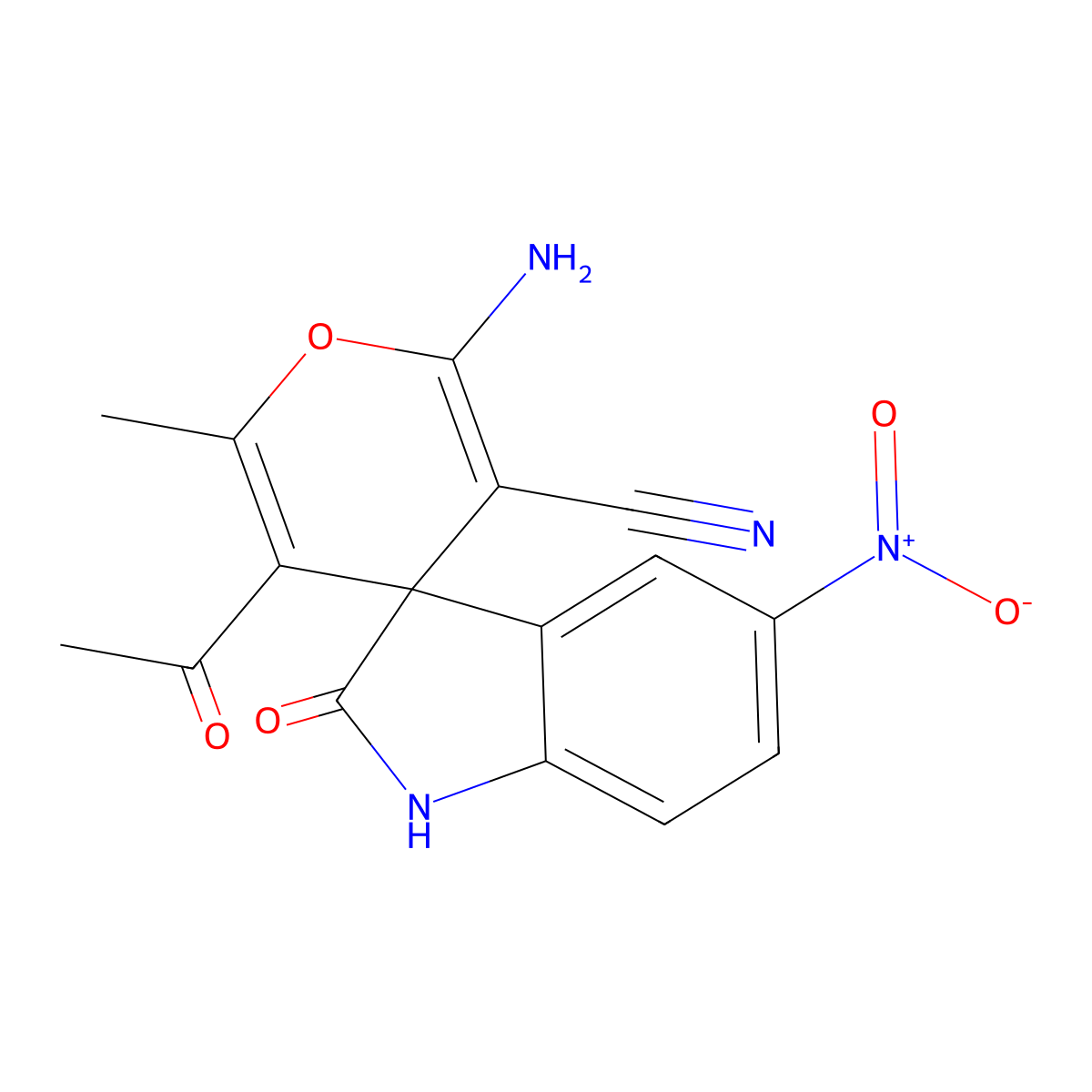 5'-Acetyl-2'-amino-6'-methyl-5-nitro-2-oxo-1,2-dihydrospiro[indole-3,4'-pyran]-3'-carbonitrile molecular structure, CAS 300588-88-9