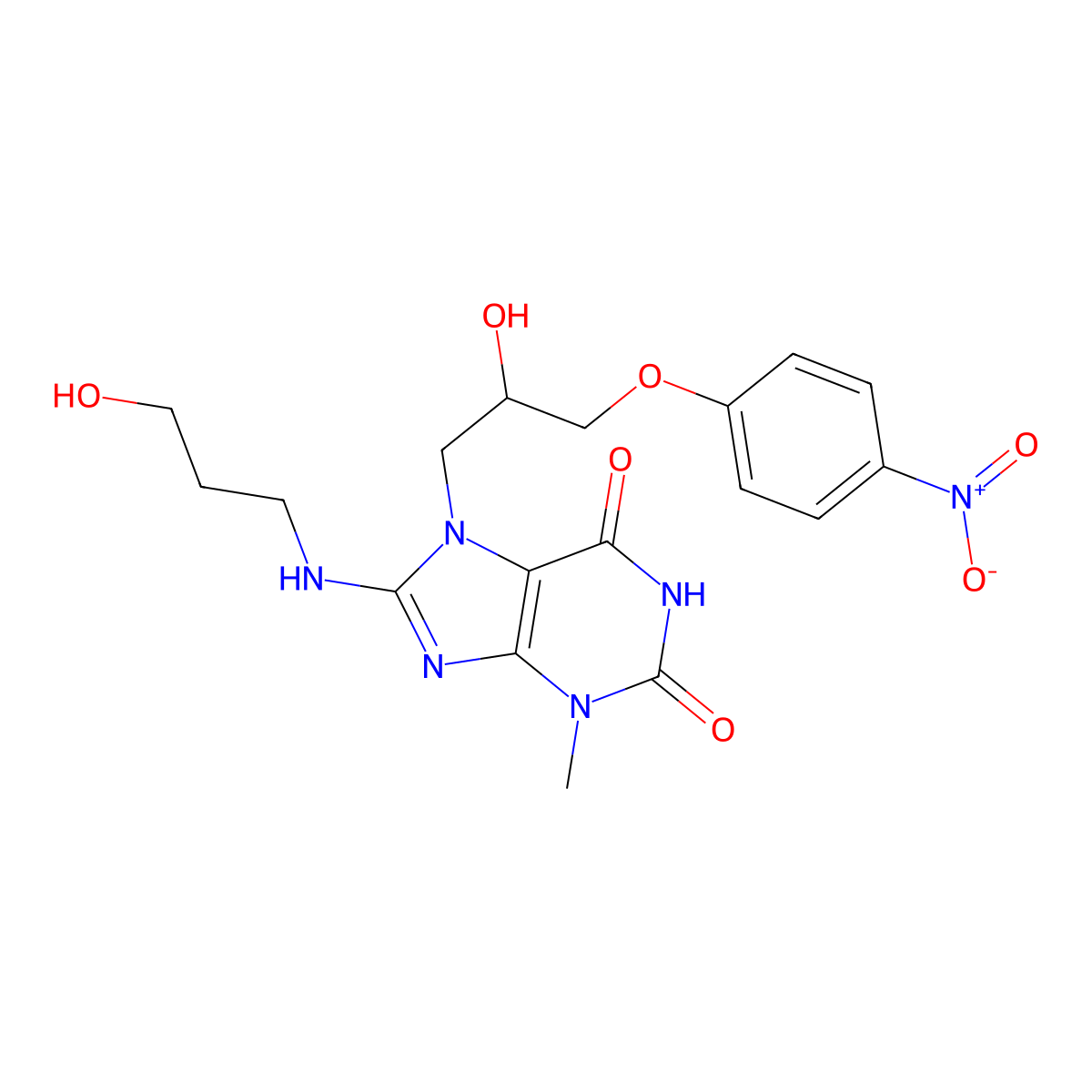 7-(2-hydroxy-3-(4-nitrophenoxy)propyl)-8-((3-hydroxypropyl)amino)-3-methyl-1H-purine-2,6(3H,7H)-dione molecular structure, CAS 300589-16-6