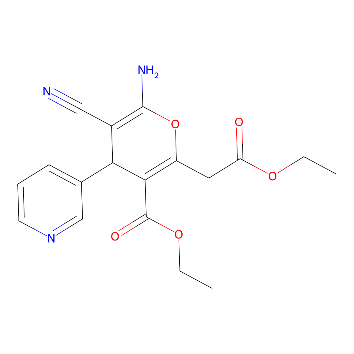 ethyl 6-amino-5-cyano-2-(2-ethoxy-2-oxoethyl)-4-(pyridin-3-yl)-4H-pyran-3-carboxylate molecular structure, CAS 300589-54-2