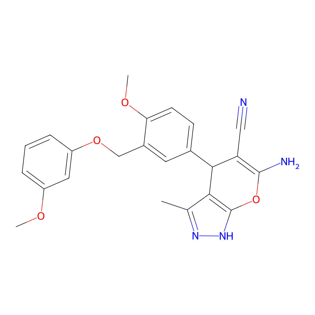 6-Amino-4-{4-methoxy-3-[(3-methoxyphenoxy)methyl]phenyl}-3-methyl-1,4-dihydropyrano[2,3-c]pyrazole-5-carbonitrile molecular structure, CAS 300590-49-2