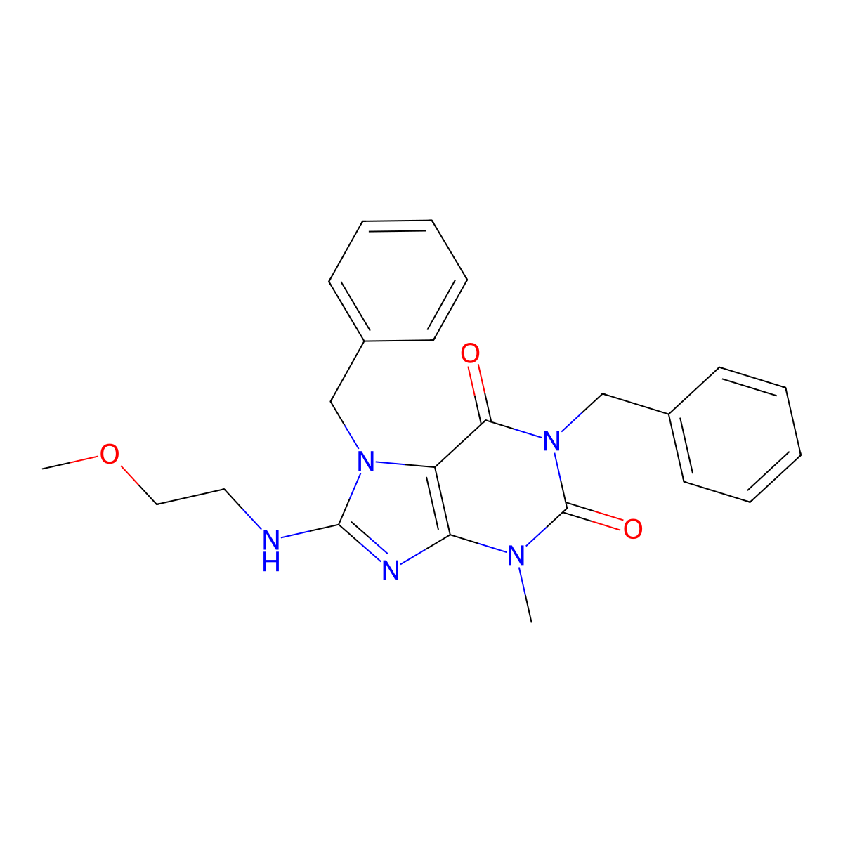 1,7-dibenzyl-8-[(2-methoxyethyl)amino]-3-methyl-3,7-dihydro-1H-purine-2,6-dione molecular structure, CAS 300591-57-5