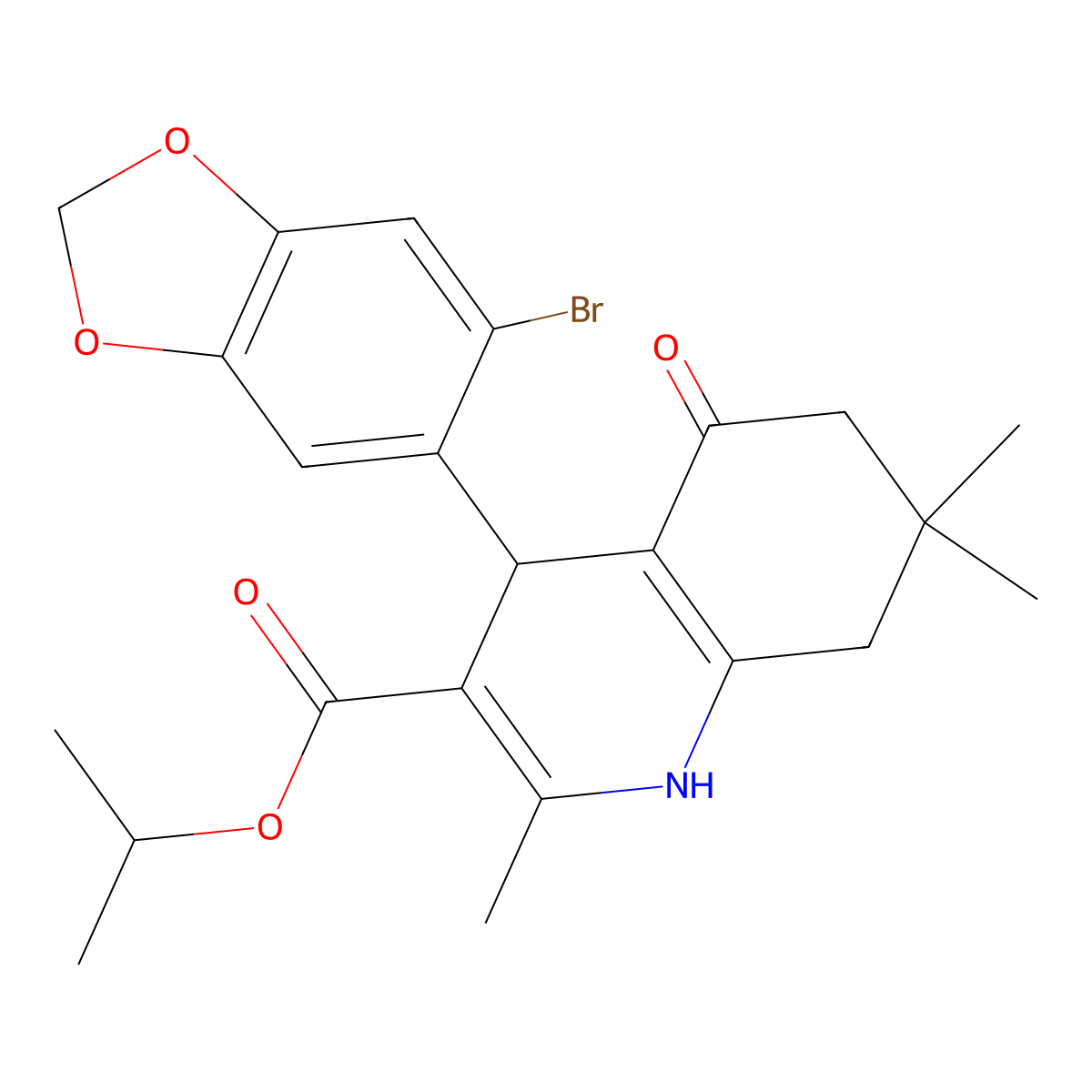 Isopropyl 4-(6-bromobenzo[d][1,3]dioxol-5-yl)-2,7,7-trimethyl-5-oxo-1,4,5,6,7,8-hexahydroquinoline-3-carboxylate molecular structure, CAS 300667-68-9