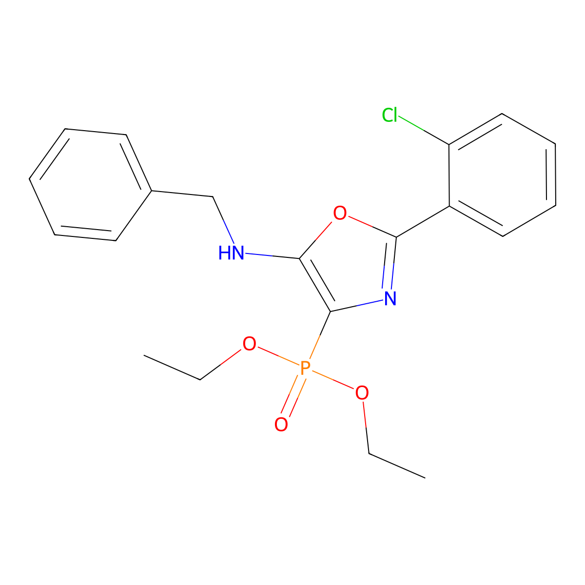 N-benzyl-2-(2-chlorophenyl)-4-diethoxyphosphoryl-1,3-oxazol-5-amine molecular structure, CAS 300669-59-4