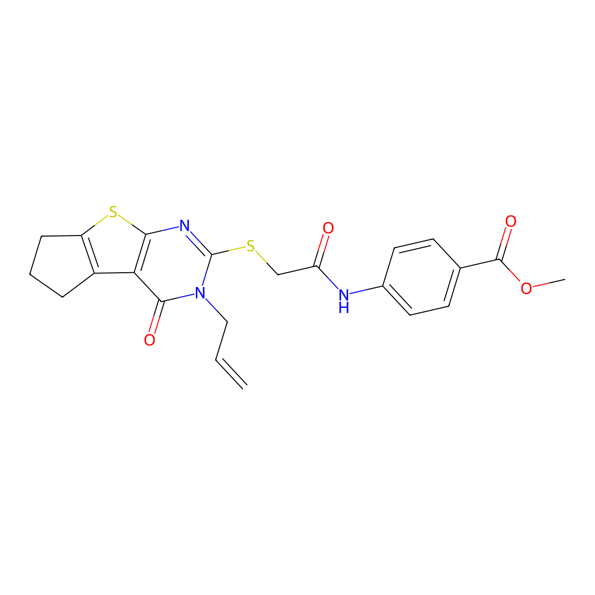 Methyl 4-(2-{[12-oxo-11-(prop-2-en-1-yl)-7-thia-9,11-diazatricyclo[6.4.0.0^{2,6}]dodeca-1(8),2(6),9-trien-10-yl]sulfanyl}acetamido)benzoate molecular structure, CAS 300675-03-0
