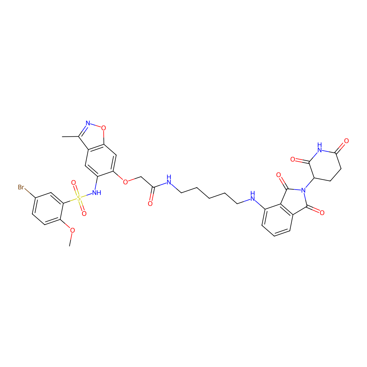 2-[[5-[(5-bromo-2-methoxyphenyl)sulfonylamino]-3-methyl-1,2-benzoxazol-6-yl]oxy]-N-[5-[[2-(2,6-dioxopiperidin-3-yl)-1,3-dioxoisoindol-4-yl]amino]pentyl]acetamide molecular structure, CAS 3006788-11-7