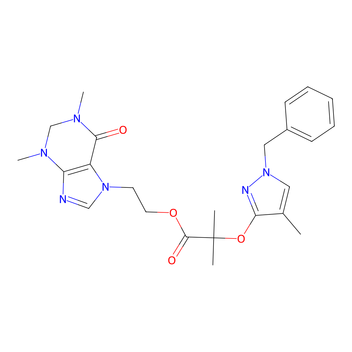 2-(1,3-Dimethyl-6-oxo-2,3,6,7-tetrahydro-1H-purin-7-yl)ethyl 2-[(1-benzyl-4-methyl-1H-pyrazol-3-yl)oxy]-2-methylpropanoate molecular structure, CAS 300683-49-2