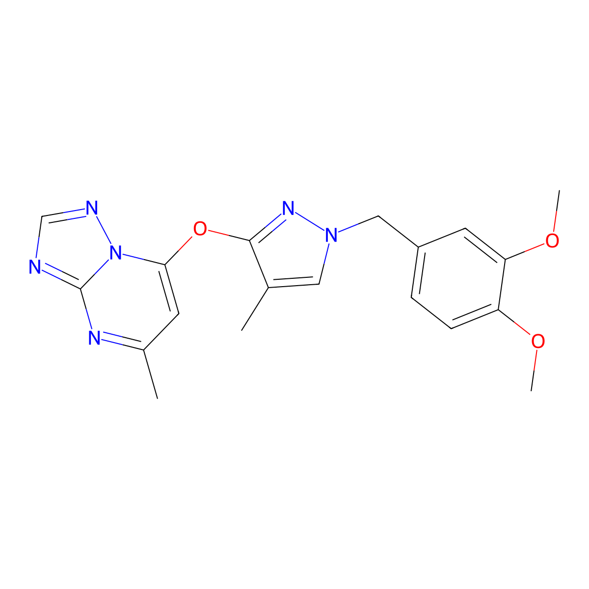 1-[(3,4-Dimethoxyphenyl)methyl]-4-methyl-3-({5-methyl-[1,2,4]triazolo[1,5-a]pyrimidin-7-yl}oxy)-1H-pyrazole molecular structure, CAS 300683-50-5