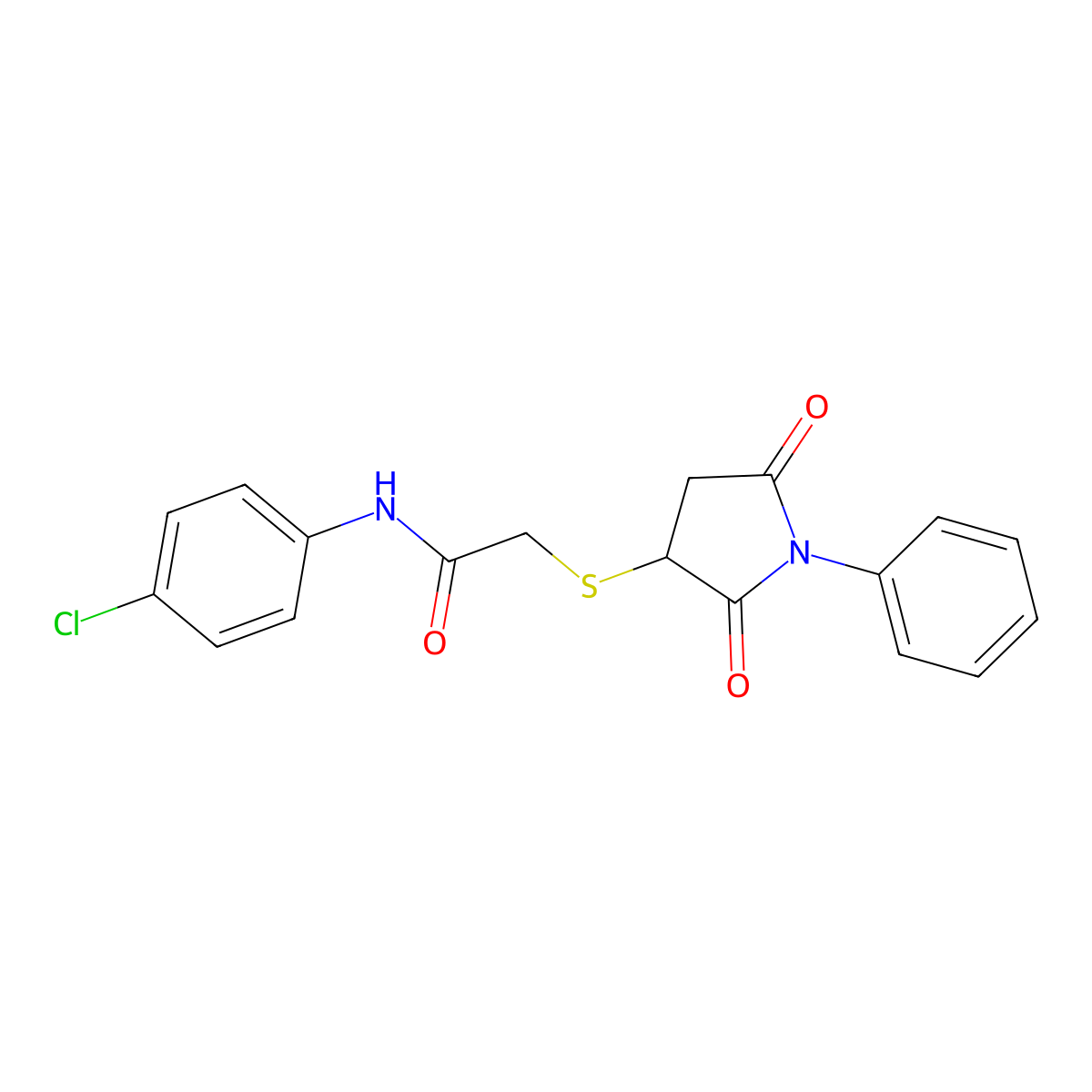 N-(4-chlorophenyl)-2-(2,5-dioxo-1-phenylpyrrolidin-3-yl)sulfanylacetamide molecular structure, CAS 300690-38-4