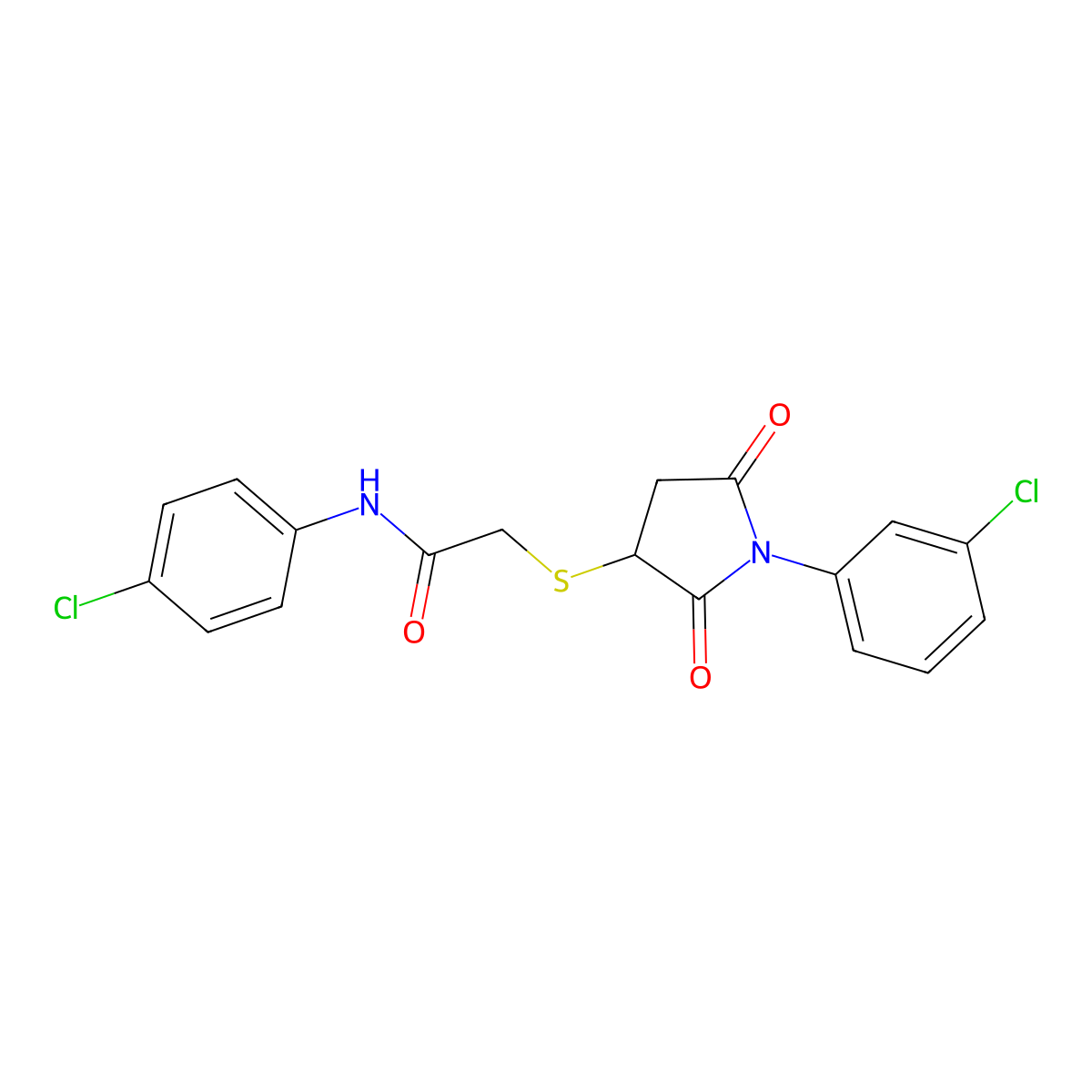N-(4-chlorophenyl)-2-[1-(3-chlorophenyl)-2,5-dioxopyrrolidin-3-yl]sulfanylacetamide molecular structure, CAS 300690-39-5