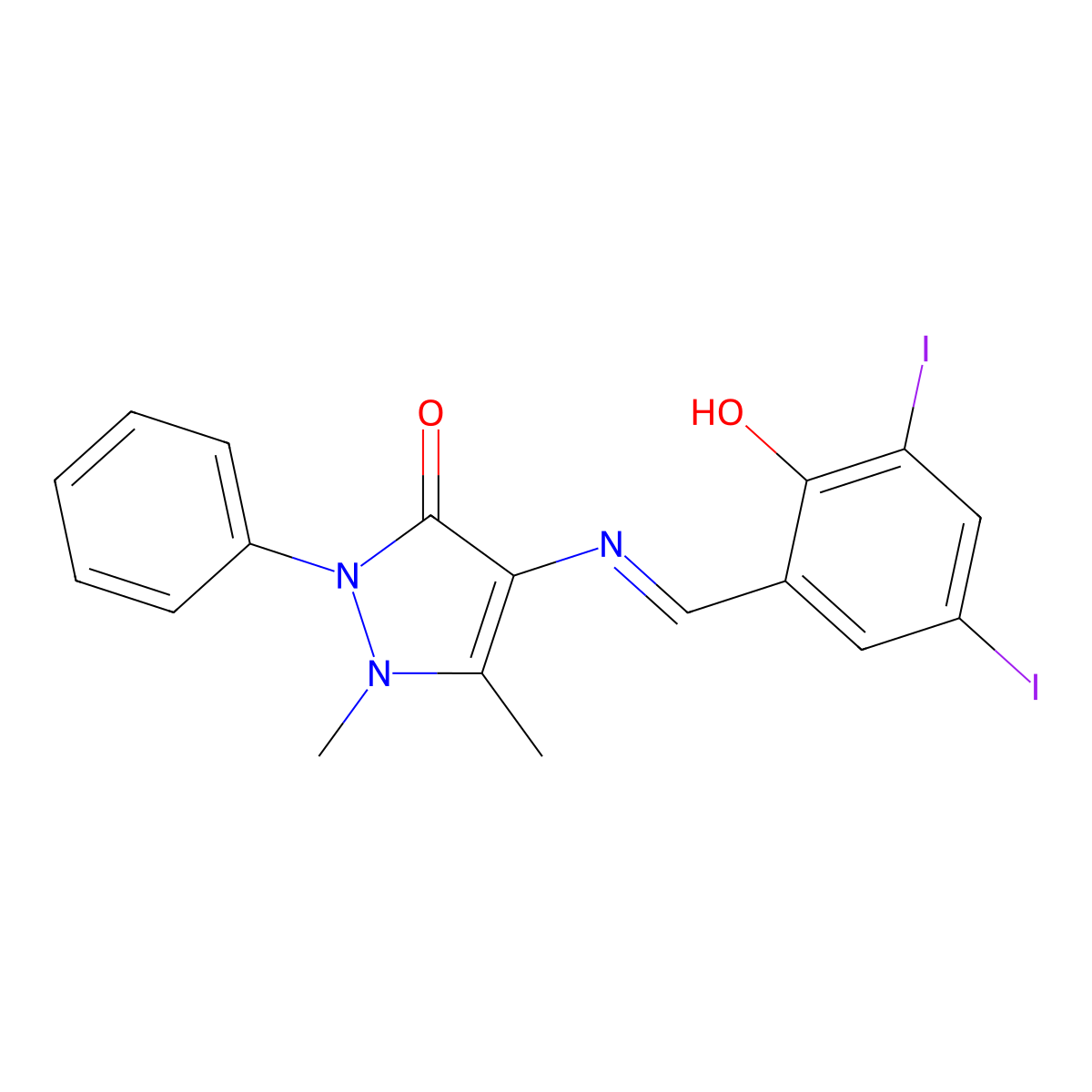 4-[(2-hydroxy-3,5-diiodobenzylidene)amino]-1,5-dimethyl-2-phenyl-1,2-dihydro-3H-pyrazol-3-one molecular structure, CAS 300697-06-7