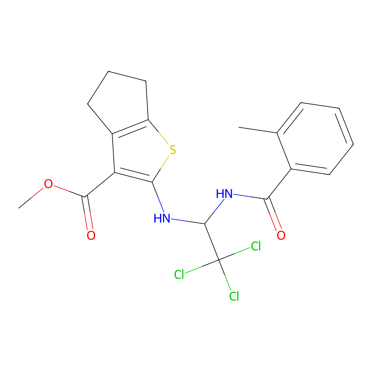 methyl 2-({2,2,2-trichloro-1-[(2-methylbenzoyl)amino]ethyl}amino)-5,6-dihydro-4H-cyclopenta[b]thiophene-3-carboxylate molecular structure, CAS 300698-11-7