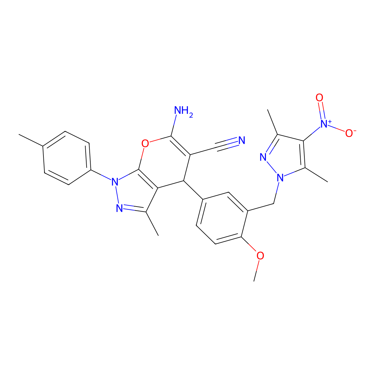 6-amino-4-[3-[(3,5-dimethyl-4-nitropyrazol-1-yl)methyl]-4-methoxyphenyl]-3-methyl-1-(4-methylphenyl)-4H-pyrano[2,3-c]pyrazole-5-carbonitrile molecular structure, CAS 300700-76-9