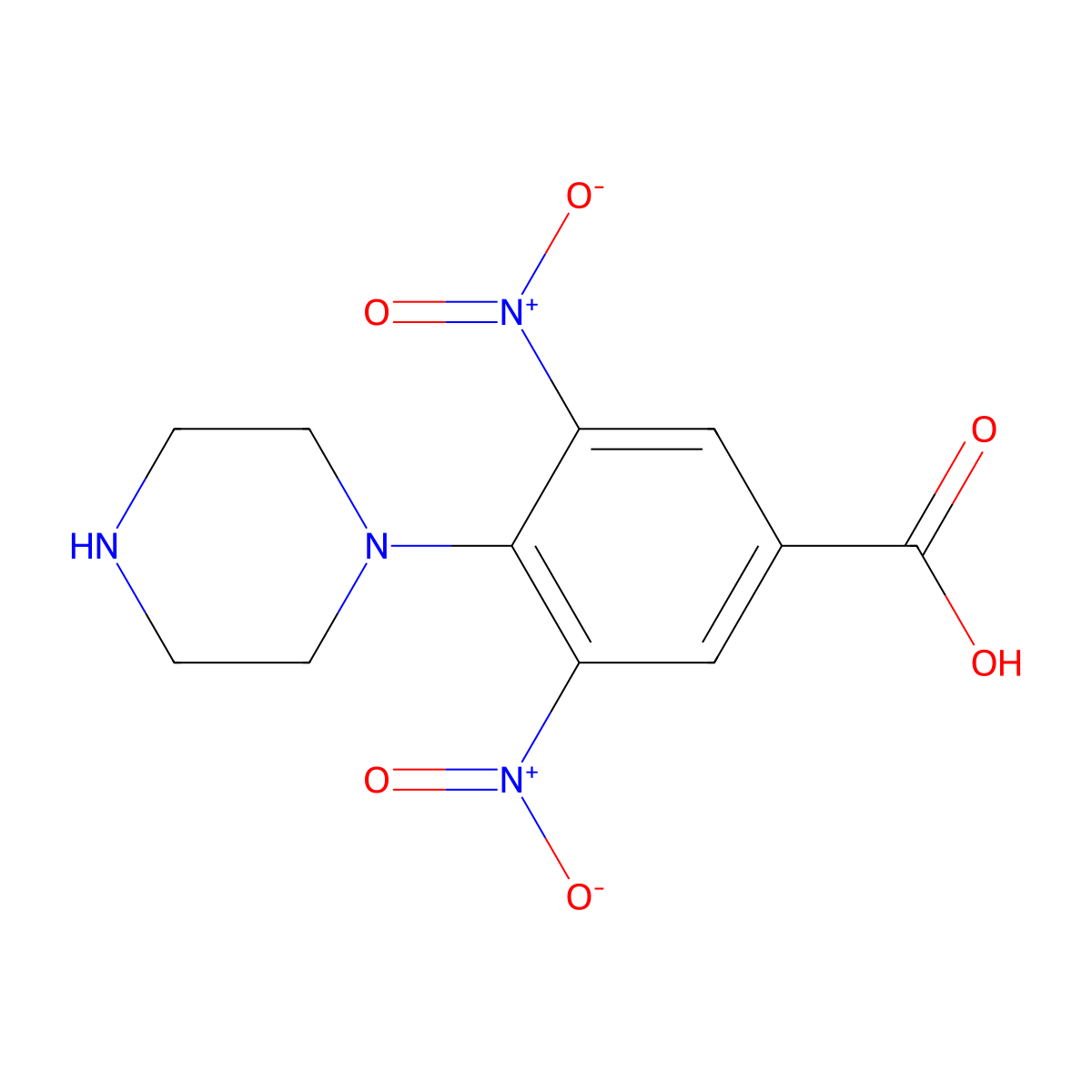 3,5-Dinitro-4-(piperazin-1-yl)benzoic acid molecular structure, CAS 300701-29-5