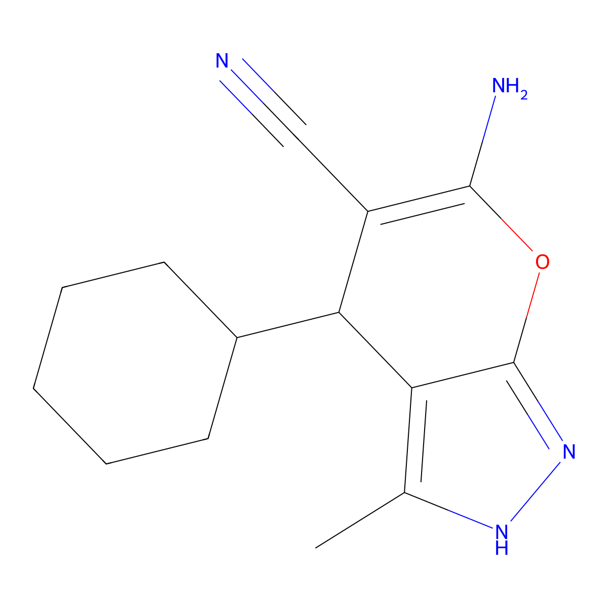 6-Amino-4-cyclohexyl-3-methyl-1,4-dihydropyrano[2,3-c]pyrazole-5-carbonitrile molecular structure, CAS 300701-37-5