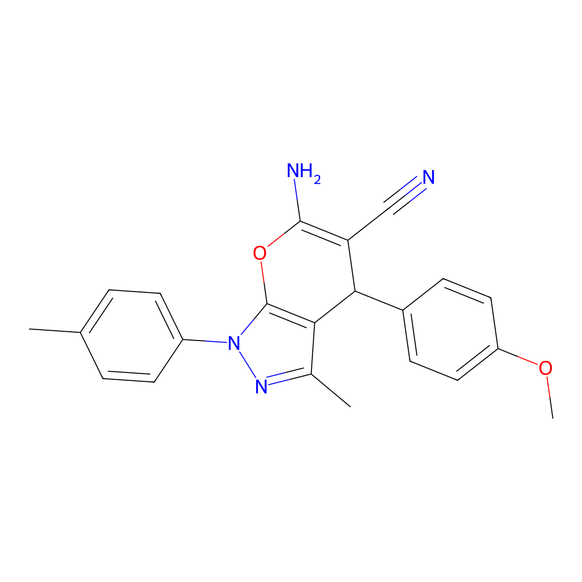 6-Amino-4-(4-methoxyphenyl)-3-methyl-1-(4-methylphenyl)-1,4-dihydropyrano[2,3-c]pyrazole-5-carbonitrile molecular structure, CAS 300701-99-9