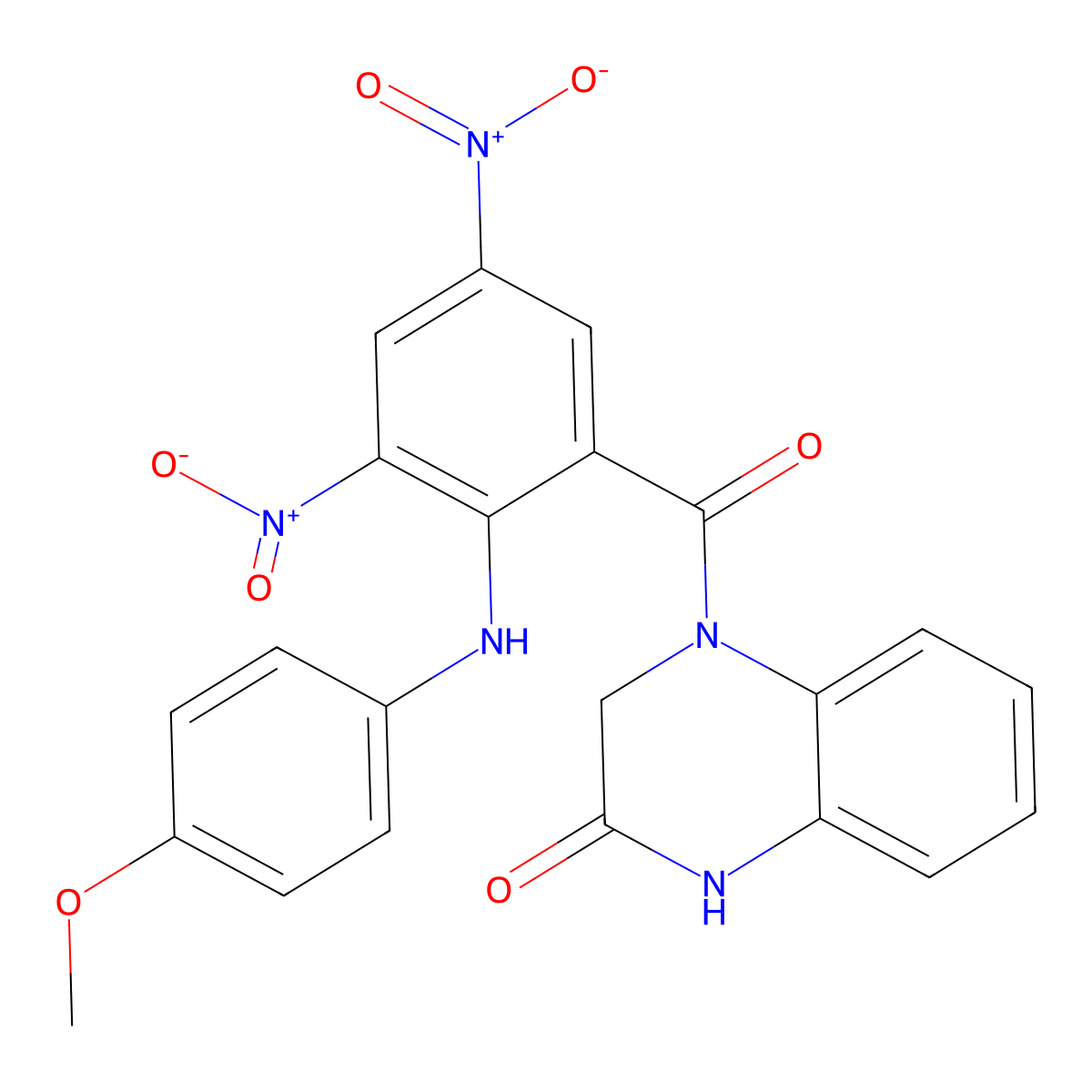 4-(2-((4-methoxyphenyl)amino)-3,5-dinitrobenzoyl)-3,4-dihydroquinoxalin-2(1H)-one molecular structure, CAS 300704-89-6
