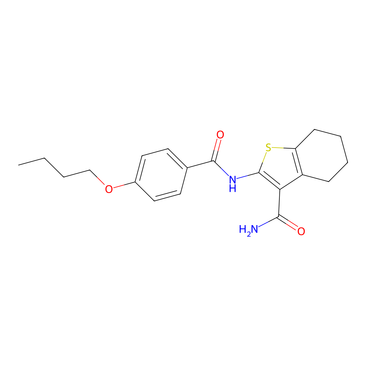 2-(4-Butoxybenzamido)-4,5,6,7-tetrahydro-1-benzothiophene-3-carboxamide molecular structure, CAS 300712-64-5