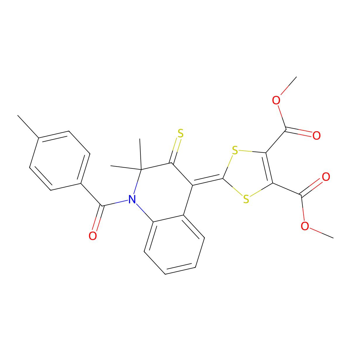 Dimethyl 2-[2,2-dimethyl-1-(4-methylbenzoyl)-3-sulfanylidenequinolin-4-ylidene]-1,3-dithiole-4,5-dicarboxylate molecular structure, CAS 300717-06-0