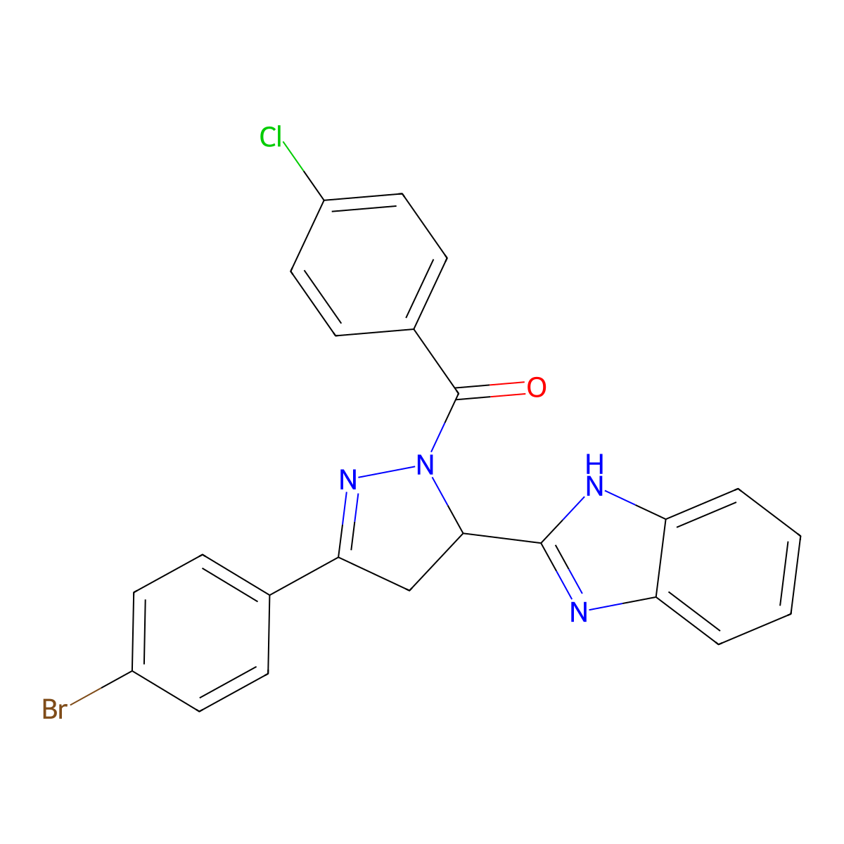 [3-(1H-benzimidazol-2-yl)-5-(4-bromophenyl)-3,4-dihydropyrazol-2-yl]-(4-chlorophenyl)methanone molecular structure, CAS 300717-09-3