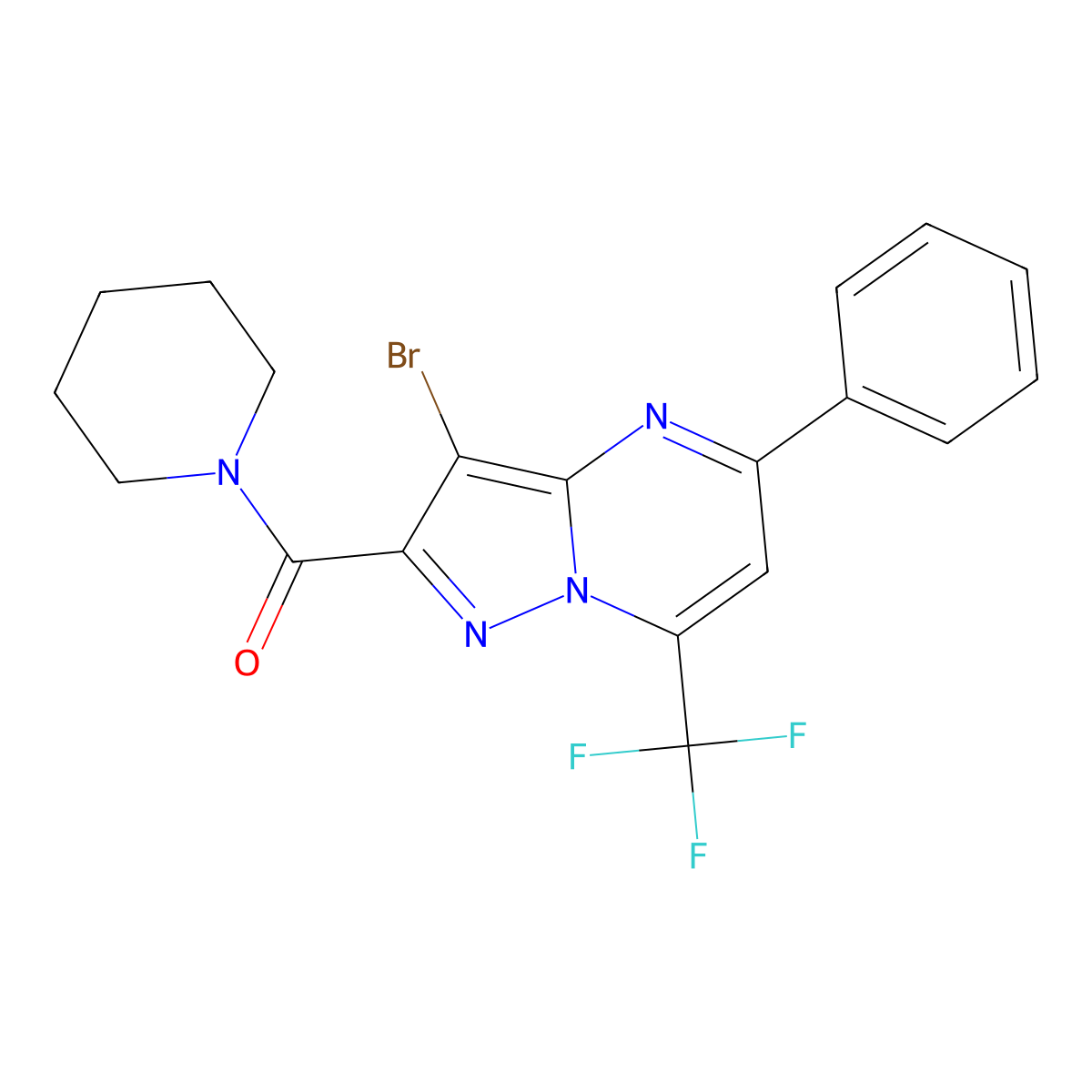 3-Bromo-5-phenyl-2-(1-piperidinylcarbonyl)-7-(trifluoromethyl)pyrazolo[1,5-a]pyrimidine molecular structure, CAS 300717-64-0