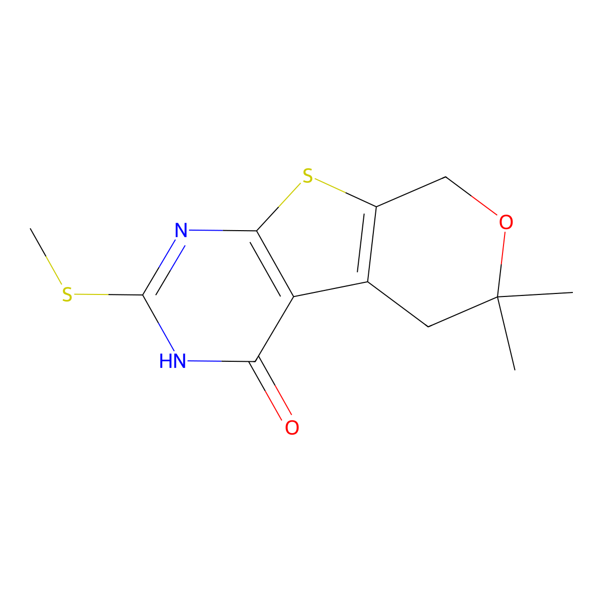 6,6-dimethyl-2-(methylsulfanyl)-3,5,6,8-tetrahydro-4H-pyrano[4',3':4,5]thieno[2,3-d]pyrimidin-4-one molecular structure, CAS 300730-48-7