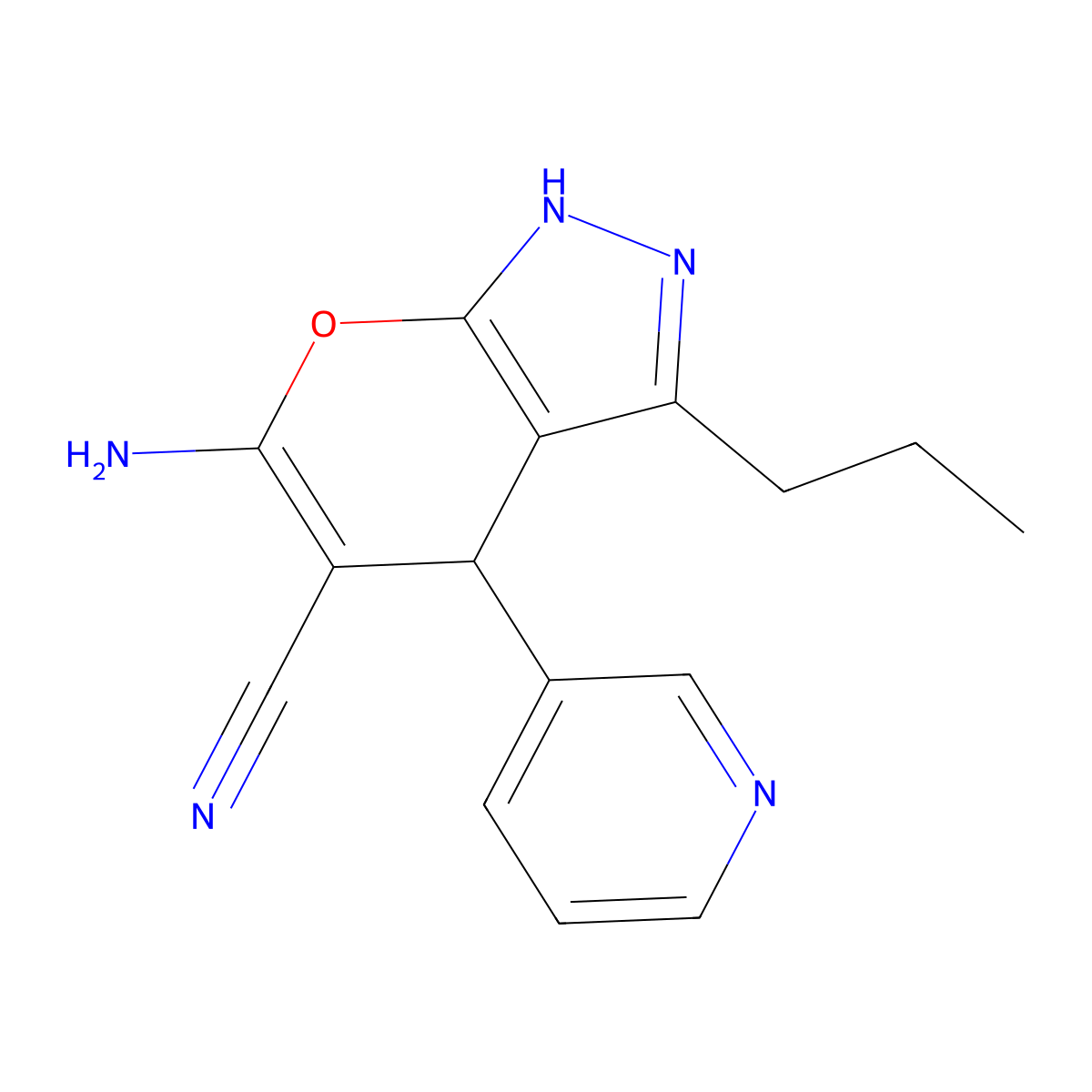 6-Amino-3-propyl-4-(3-pyridinyl)-1,4-dihydropyrano[2,3-c]pyrazole-5-carbonitrile molecular structure, CAS 300731-53-7