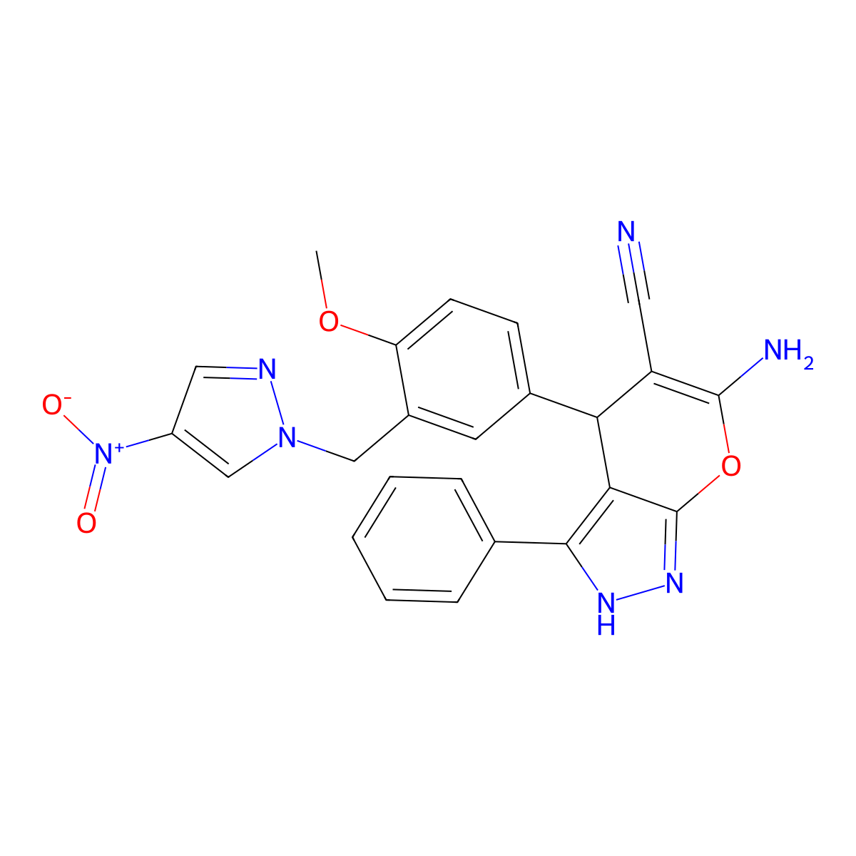6-Amino-4-[4-methoxy-3-[(4-nitropyrazol-1-yl)methyl]phenyl]-3-phenyl-2,4-dihydropyrano[2,3-c]pyrazole-5-carbonitrile molecular structure, CAS 300731-92-4