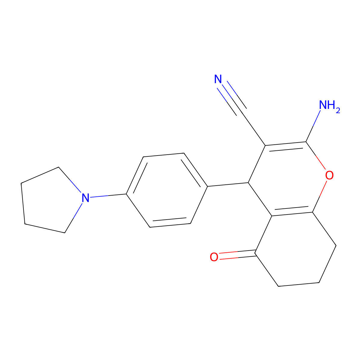 2-Amino-5-oxo-4-(4-pyrrolidin-1-ylphenyl)-4,6,7,8-tetrahydrochromene-3-carbonitrile molecular structure, CAS 300732-06-3