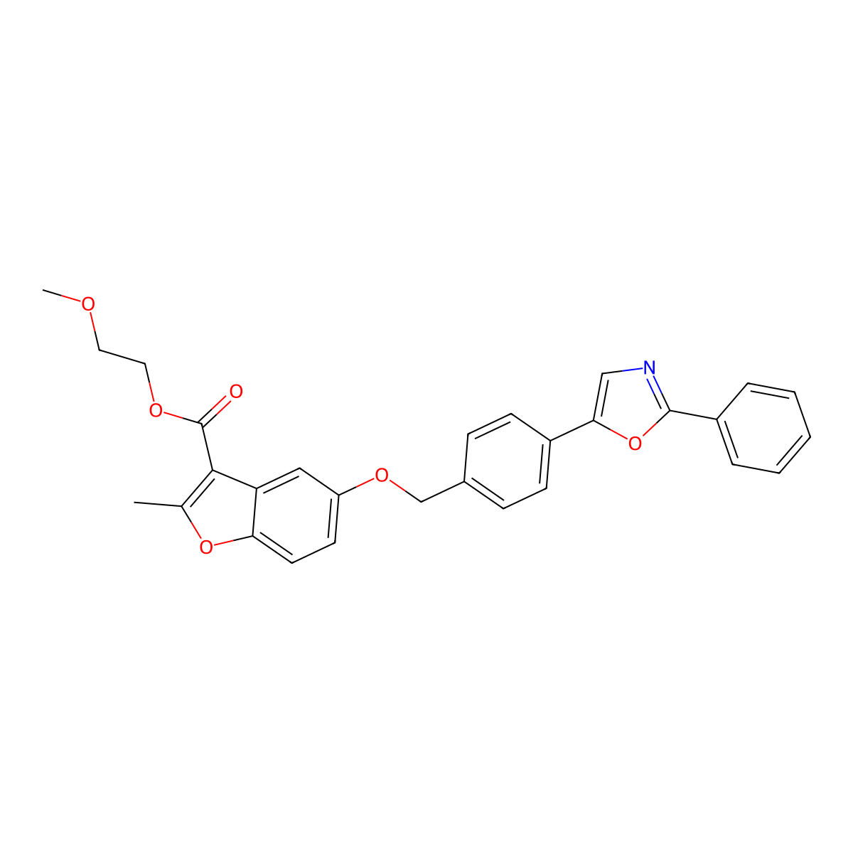 2-Methoxyethyl 2-methyl-5-{[4-(2-phenyl-1,3-oxazol-5-yl)benzyl]oxy}-1-benzofuran-3-carboxylate molecular structure, CAS 300772-78-5