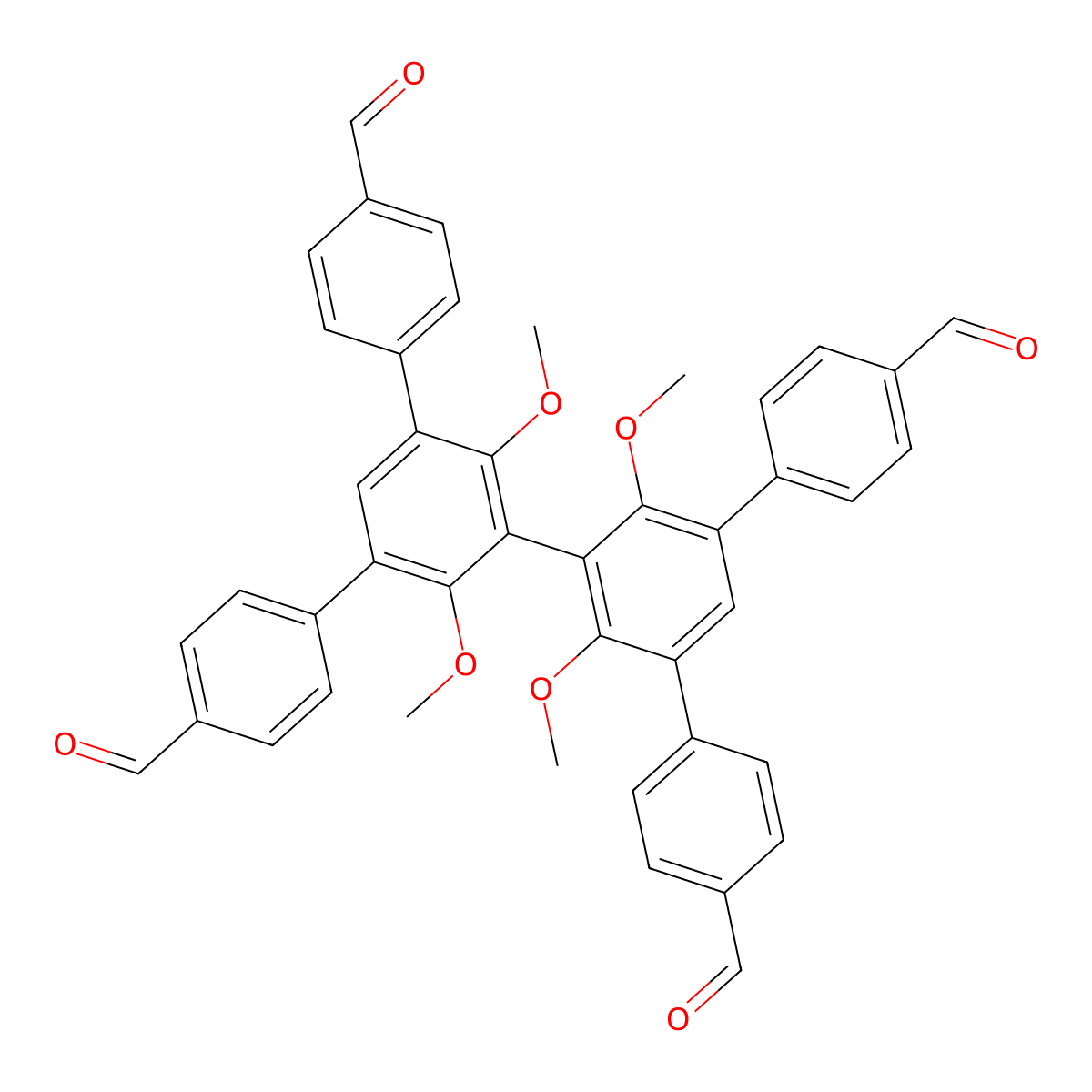 5',5''-Bis(4-formylphenyl)-2',2'',4',6''-tetramethoxy-[1,1':3',1'':3'',1'''-quaterphenyl]-4,4'''-dicarbaldehyde molecular structure, CAS 3007732-81-9