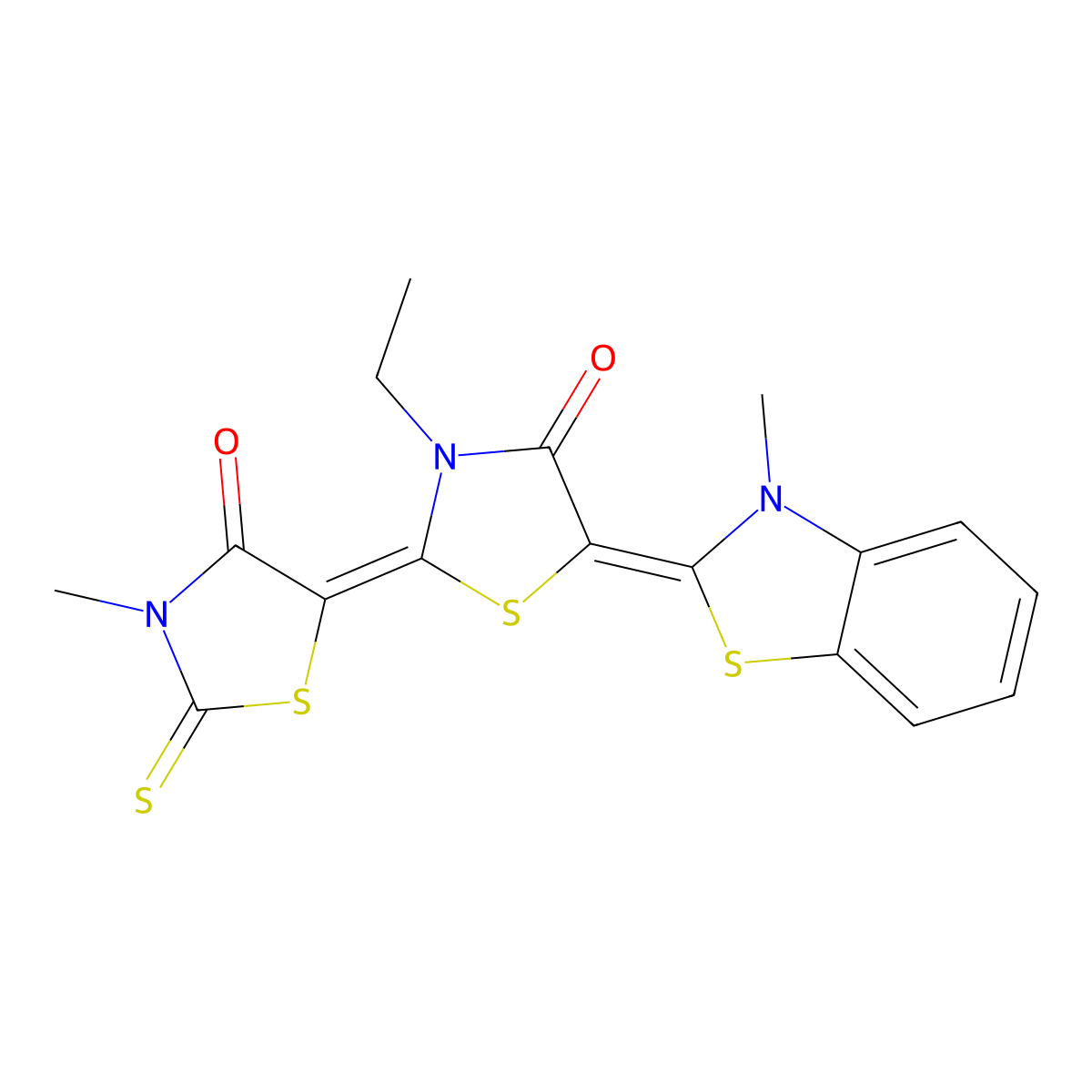 4-Thiazolidinone, 3-ethyl-5-(3-methyl-2(3H)-benzothiazolylidene)-2-(3-methyl-4-oxo-2-thioxo-5-thiazolidinylidene)- molecular structure, CAS 300801-54-1