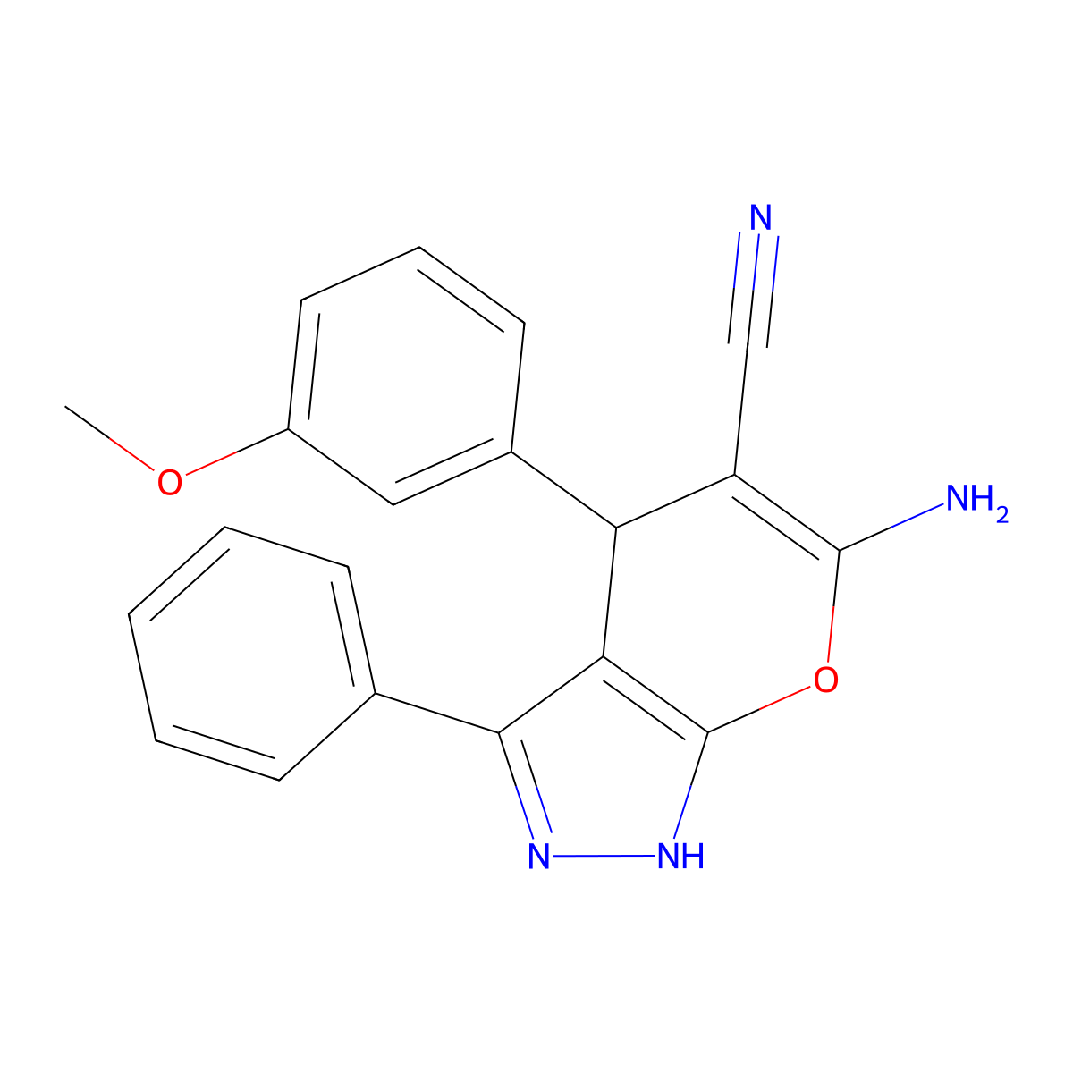 6-Amino-4-(3-methoxyphenyl)-3-phenyl-2,4-dihydropyrano[2,3-c]pyrazole-5-carbonitrile molecular structure, CAS 300803-76-3