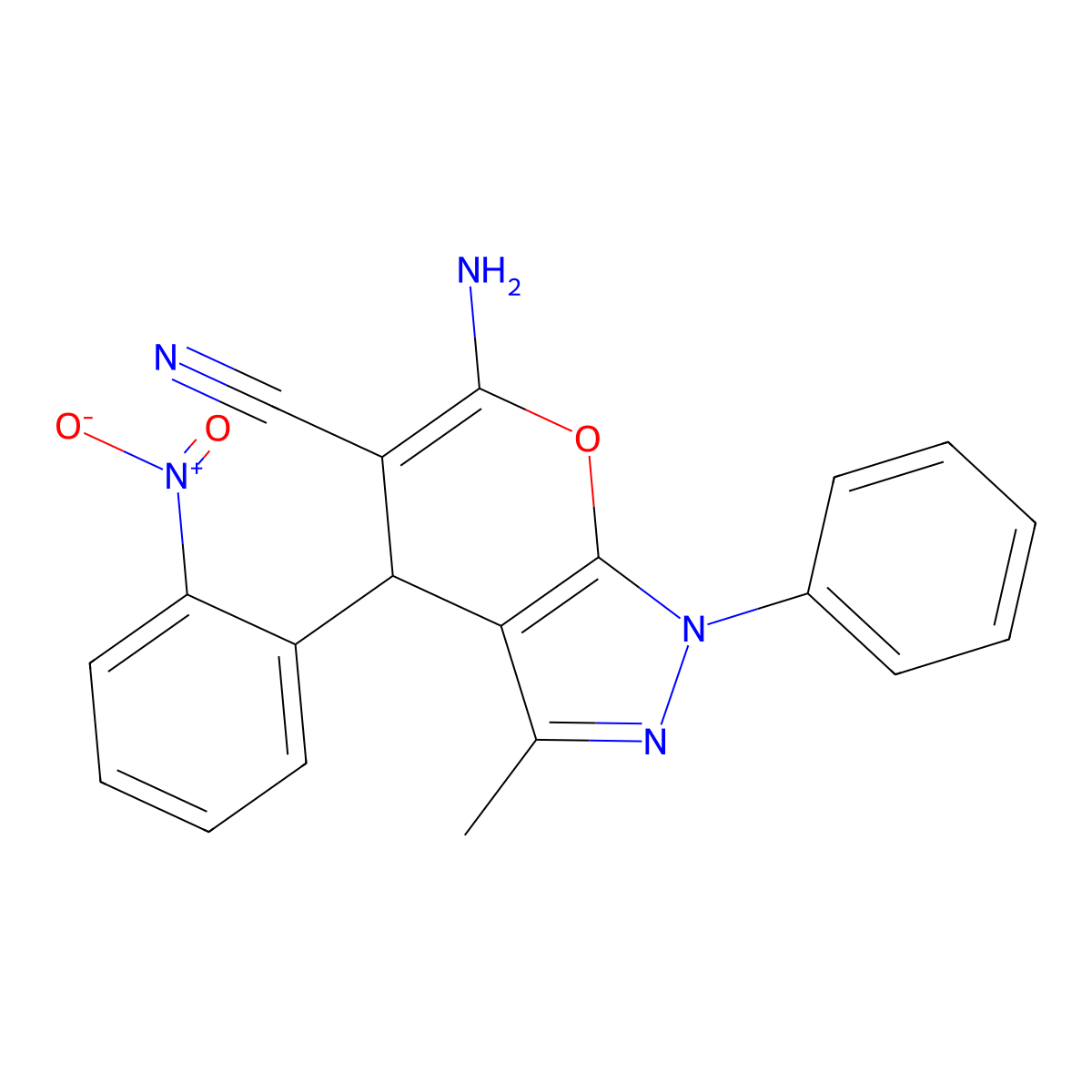 6-Amino-3-methyl-4-(2-nitrophenyl)-1-phenyl-1,4-dihydropyrano[2,3-c]pyrazole-5-carbonitrile molecular structure, CAS 300804-47-1