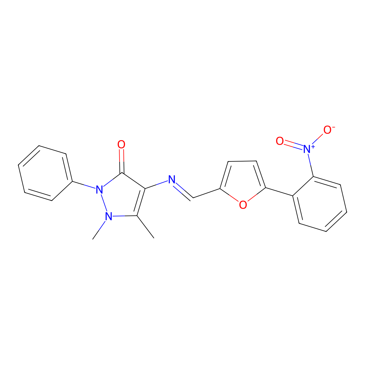 4-{[(5-{2-nitrophenyl}-2-furyl)methylene]amino}-1,5-dimethyl-2-phenyl-1,2-dihydro-3H-pyrazol-3-one molecular structure, CAS 300804-65-3