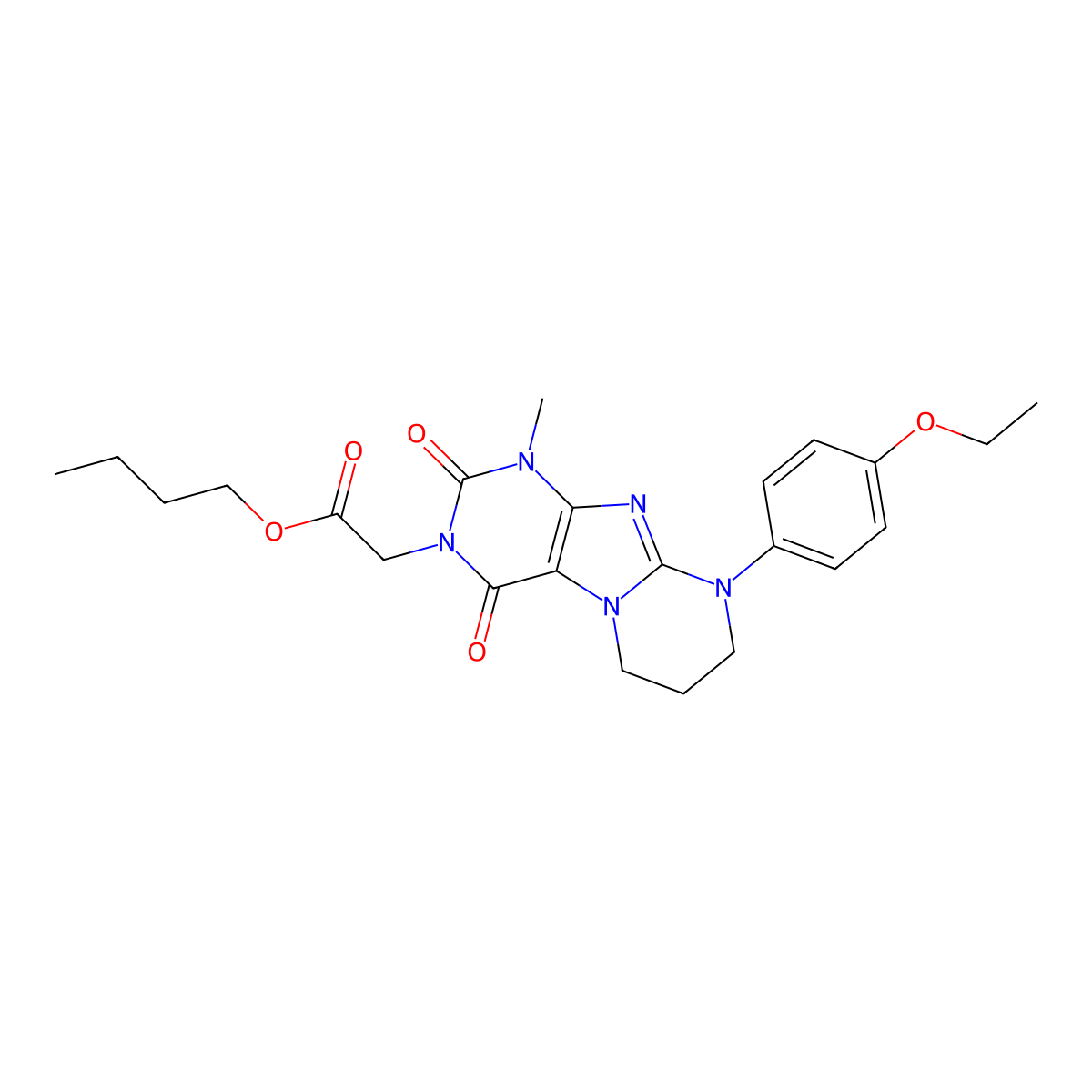 butyl 2-(9-(4-ethoxyphenyl)-1-methyl-2,4-dioxo-1,2,6,7,8,9-hexahydropyrimido[2,1-f]purin-3(4H)-yl)acetate molecular structure, CAS 300805-69-0