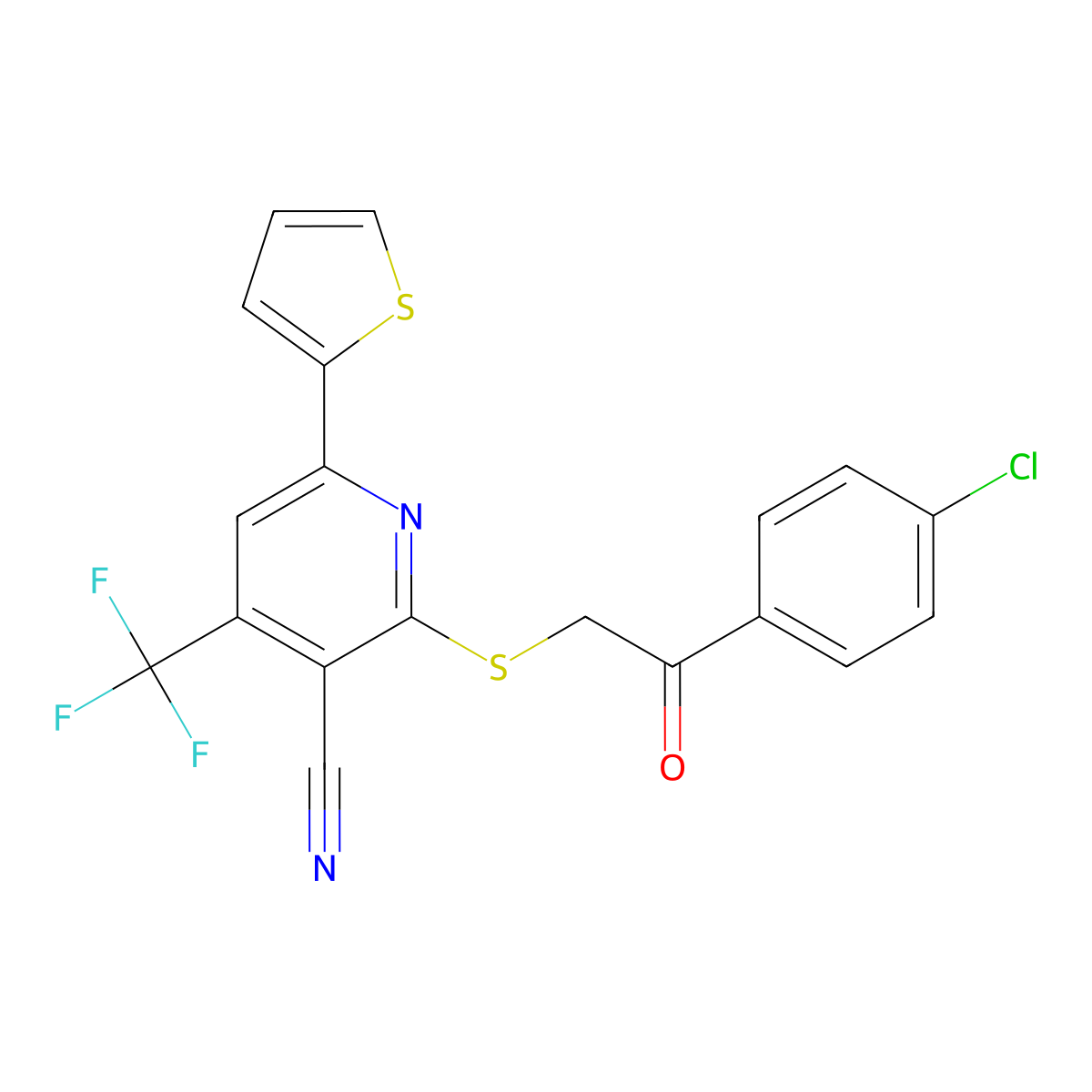 2-{[2-(4-Chlorophenyl)-2-oxoethyl]sulfanyl}-6-(2-thienyl)-4-(trifluoromethyl)nicotinonitrile molecular structure, CAS 300809-23-8