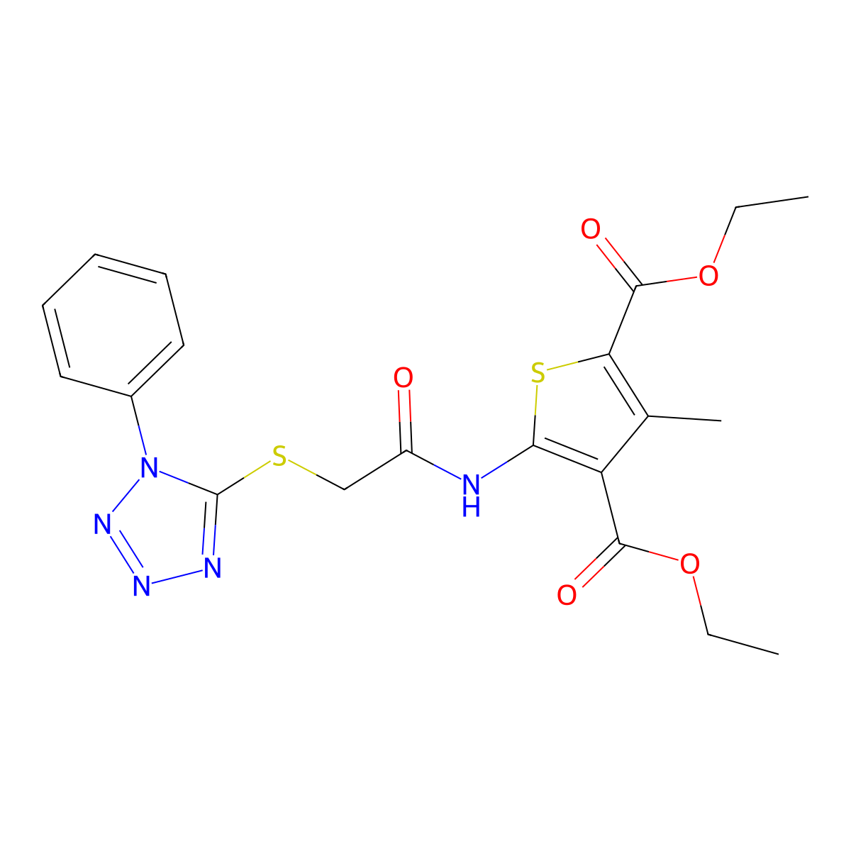2,4-diethyl 3-methyl-5-{2-[(1-phenyl-1H-1,2,3,4-tetrazol-5-yl)sulfanyl]acetamido}thiophene-2,4-dicarboxylate molecular structure, CAS 300814-93-1
