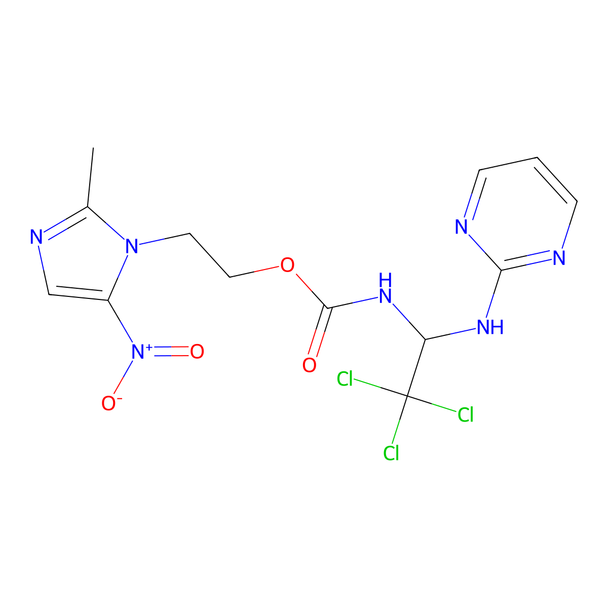 2-(2-methyl-5-nitro-1H-imidazol-1-yl)ethyl N-(2,2,2-trichloro-1-((pyrimidin-2-yl)amino)ethyl)carbamate molecular structure, CAS 300815-04-7