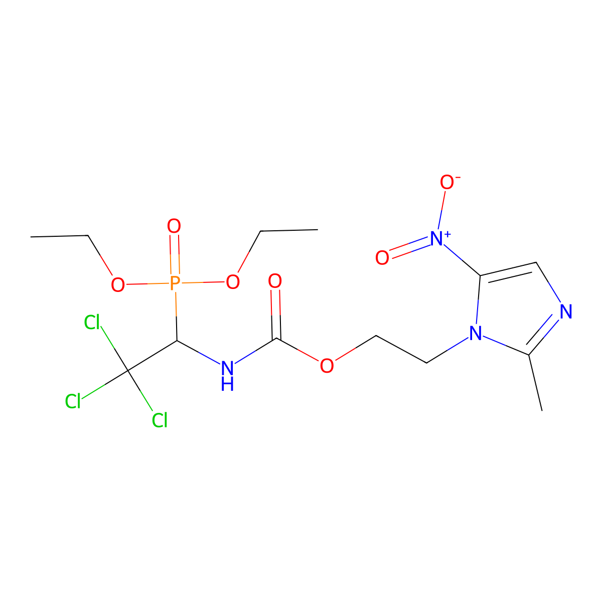 2-(2-methyl-5-nitroimidazol-1-yl)ethyl N-(2,2,2-trichloro-1-diethoxyphosphorylethyl)carbamate molecular structure, CAS 300815-05-8