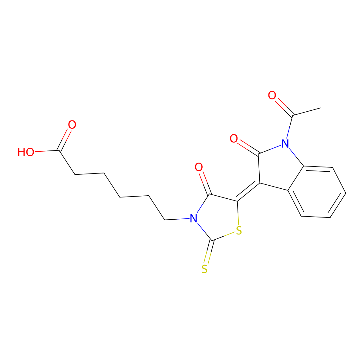 6-[5-(1-Acetyl-2-oxoindol-3-ylidene)-4-oxo-2-sulfanylidene-1,3-thiazolidin-3-yl]hexanoic acid molecular structure, CAS 300816-71-1