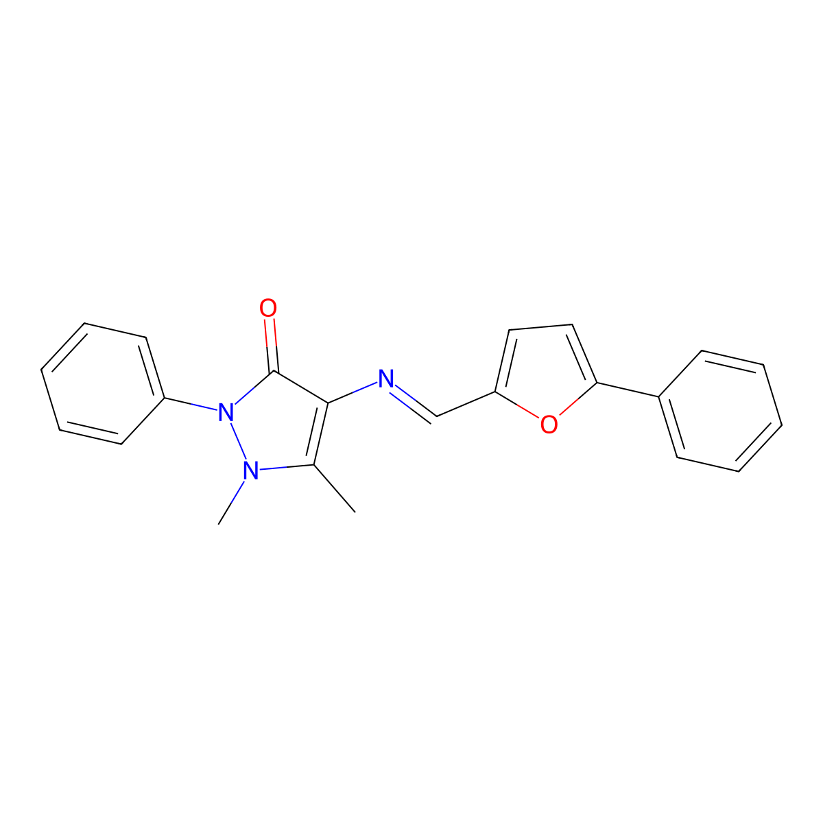 (E)-1,5-dimethyl-2-phenyl-4-(((5-phenylfuran-2-yl)methylene)amino)-1H-pyrazol-3(2H)-one molecular structure, CAS 300818-45-5