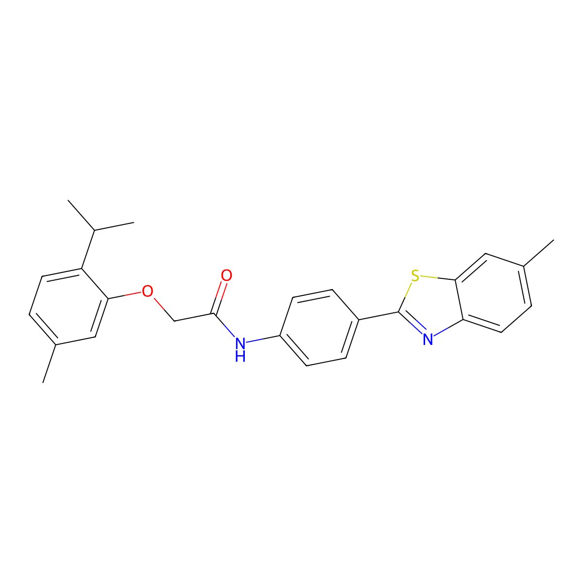 N-[4-(6-methyl-1,3-benzothiazol-2-yl)phenyl]-2-[5-methyl-2-(propan-2-yl)phenoxy]acetamide molecular structure, CAS 300820-34-2