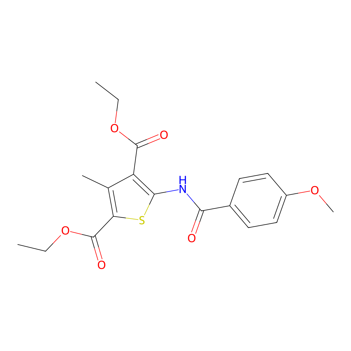 Diethyl 5-[(4-methoxybenzoyl)amino]-3-methylthiophene-2,4-dicarboxylate molecular structure, CAS 300826-15-7