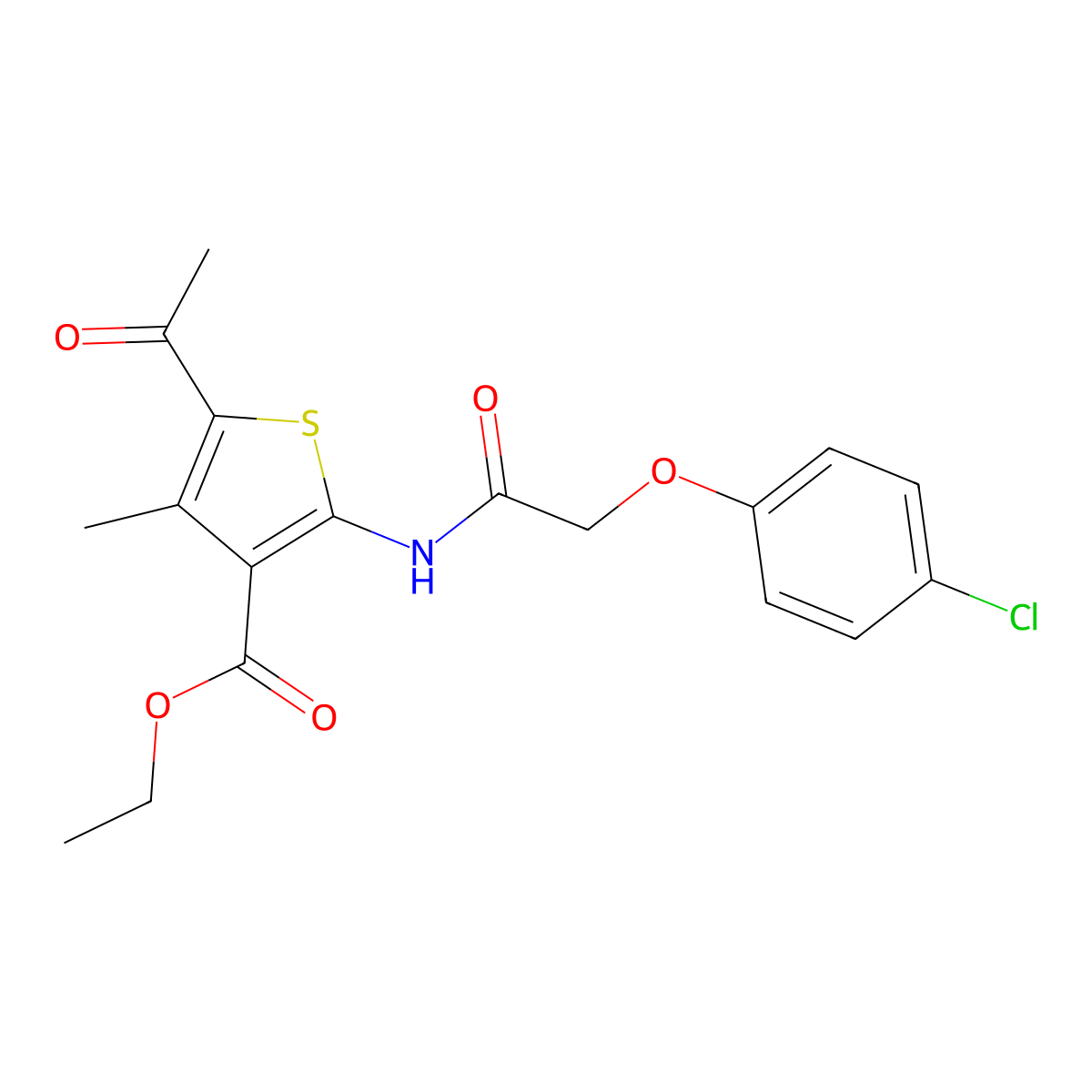 Ethyl 5-acetyl-2-[2-(4-chlorophenoxy)acetamido]-4-methylthiophene-3-carboxylate molecular structure, CAS 300828-09-5